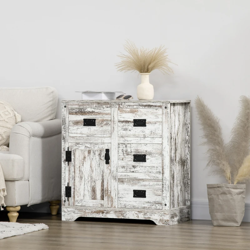 HOMCOM Industrial Sideboard Buffet Cabinet, Kitchen Cabinet with 4 Drawers, 1 Door, Adjustable Shelf Coffee Bar Cabinet, Distressed White