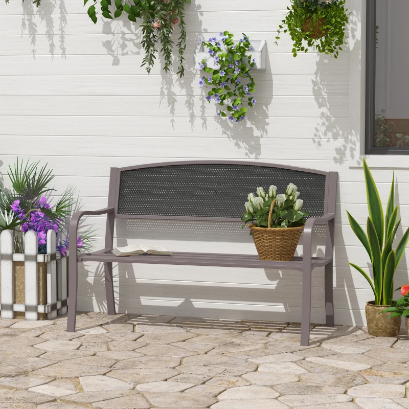 Outsunny 50" Steel Garden Bench Outdoor Patio 2-Person Park Seat Yard Furniture Loveseat Brown