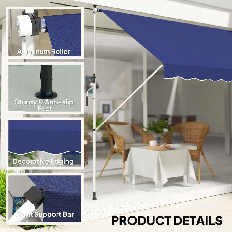 Outsunny 10x5ft Patio Sun Shade Canopy, Manual Retractable Awning with 5.6-9.2ft Support Pole for Window, Door, Porch, Navy Blue