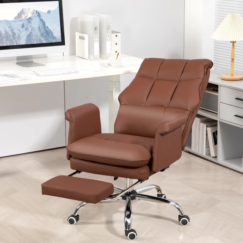 HOMCOM PU Leather Executive Office Chair, Ergonomic and Reclining Office Desk Chair with Footrest, Brown