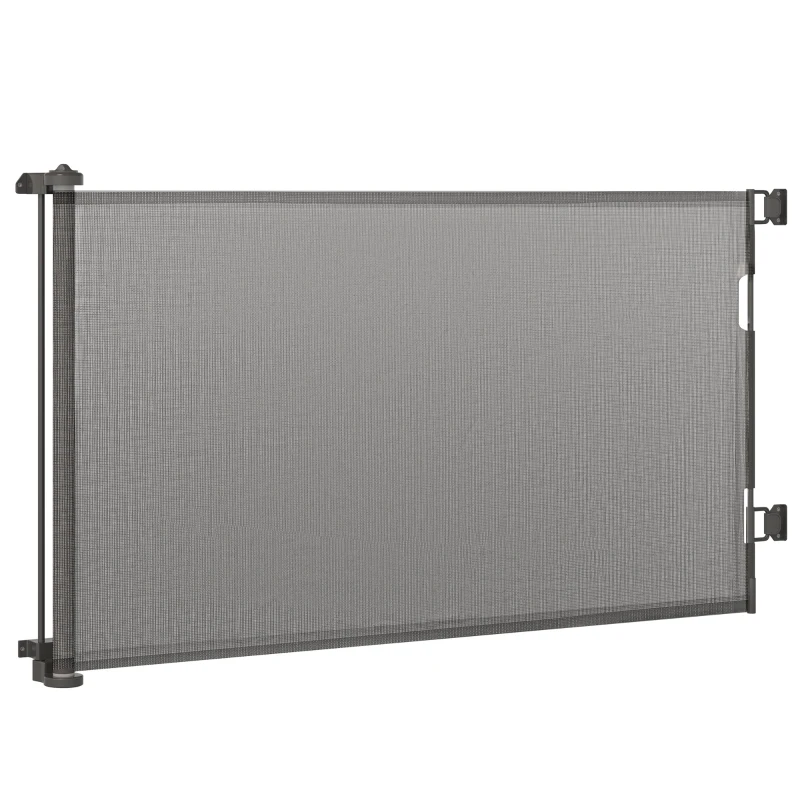 PawHut Retractable Pet Gate, 33.5" Tall, Extends to 59.1" Wide, Foldable Mesh Dog Gate for house, w/ Single Hand Operation, for Stairs, Doorways, Hallways - Grey