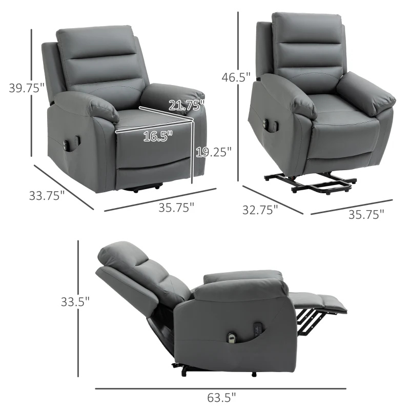 HOMCOM Electric Power Lift Chair for Elderly with Massage, Oversized Living Room Recliner with Remote Control, and Side Pockets, Grey