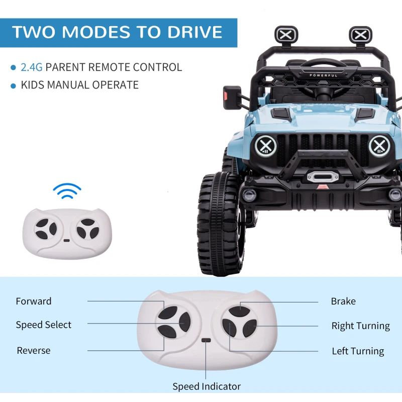 Aosom 12V Kids Ride-on Truck, Battery Operated Kids Car with Remote Control, Led Lights, Electric Ride on Toy with Spring Suspension, Music, Horn, 3 Speeds, Blue