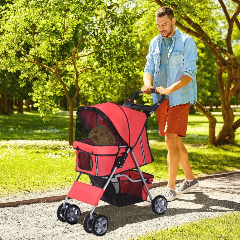 PawHut 4 Wheel Dog Pet Stroller Dog Cat Carrier Folding Sunshade Canopy with Brake, Red
