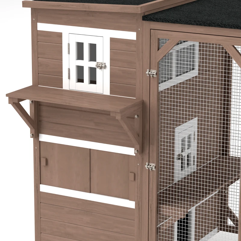PawHut Wooden Cat Catio, 76"L Walk in Outdoor Cat House with Asphalt Roof, Platforms, Lockable Doors for 2-3 Cats, Brown