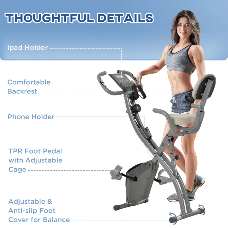 Soozier 3 in 1 Folding Exercise Bike, Foldable Stationary Bike with 8-Level Magnetic Resistance, Adjustable Seat, Grey