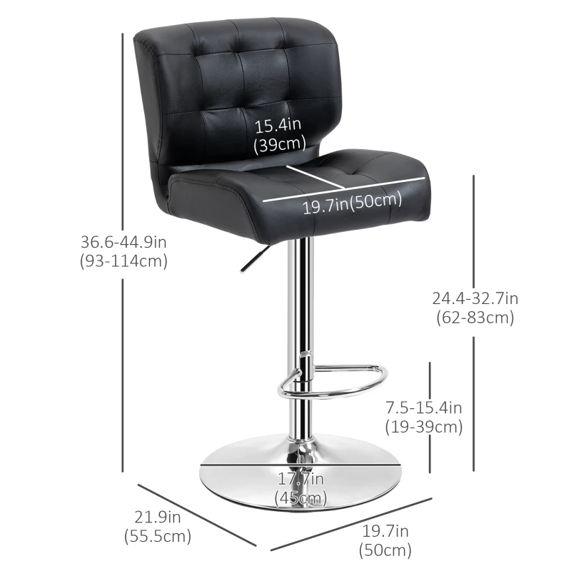 HOMCOM Bar Stools Set of 2, Adjustable Height Barstools, Faux Leather Swivel Bar Chairs with 5.1" Thick Padded, Footrest for Kitchen Counter, Home Bar, Black