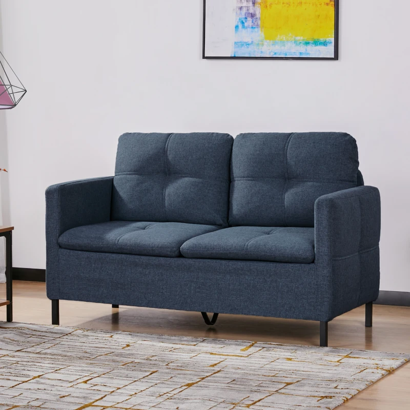 HOMCOM 53" 2 Seat Sofa, Upholstered Two Seater Couch with Sturdy Steel Legs for Bedroom, Living Room, Dark Blue