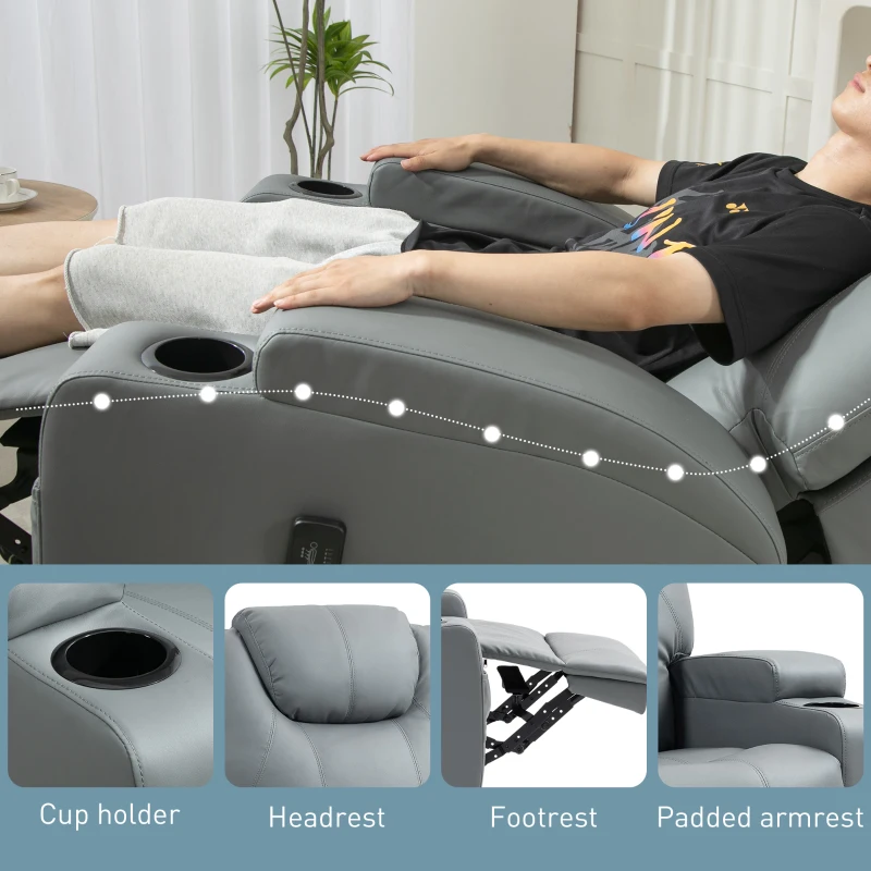 HOMCOM Massage Recliner Chair Leather Swivel Rocker Manual Reclining Chair with 8 Vibration Points, Cup Holders, Light Grey