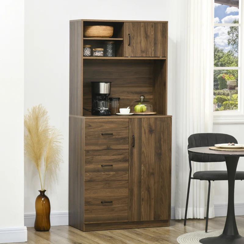 HOMCOM 70" Buffet Hutch with 3 Drawers, Kitchen Pantry with Sliding Door, Large Cabinet and Adjustable Shelves, Walnut