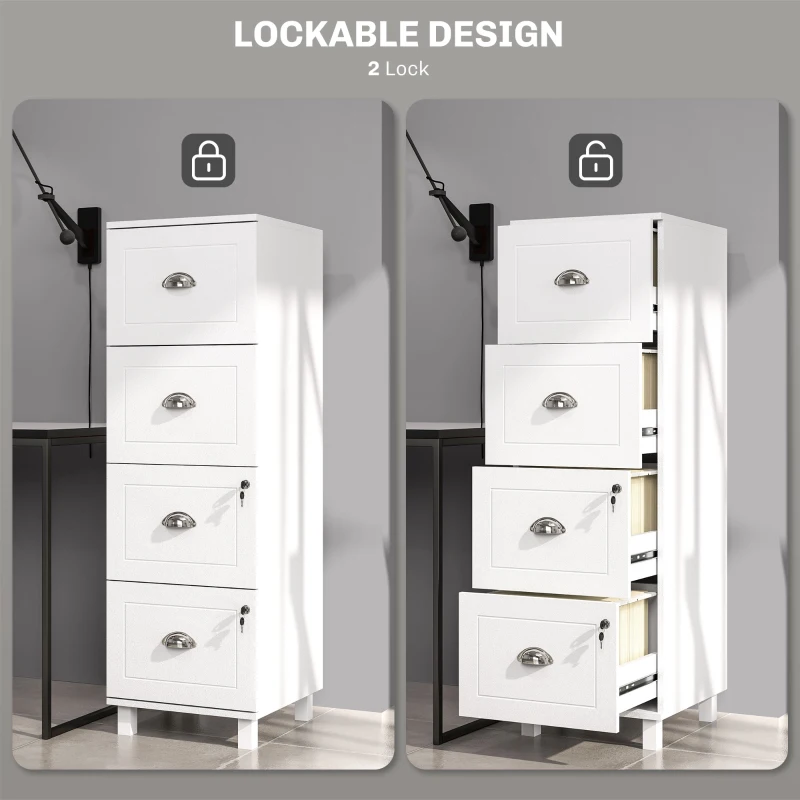HOMCOM 4 Drawer File Cabinet with Lock, Office Filing Cabinet, A4 Letter Size, Hanging File Folders, White
