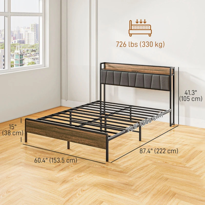 HOMCOM Queen Size Bed Frame with Charging Station, Queen Bed Frame with Upholstered Headboard and Storage Shelf, Walnut