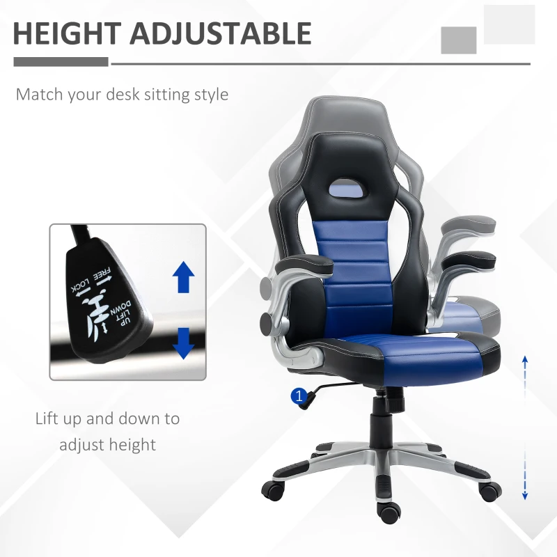 HOMCOM Racing Gaming Chair PU Leather Office Chair Executive Computer Desk Chair with Adjustable Height, Flip Up Armrest, Swivel Wheels, Blue