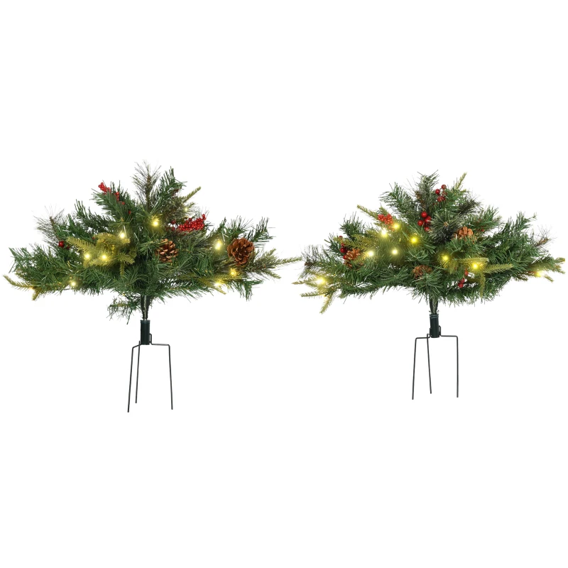 HOMCOM 1.5 Foot/16 inch 2 Pack Prelit Artificial Christmas Tree Cordless with 69 Branches, Warm White LED lights, Red Berries, Pine Cones, for Outdoor Entryway, Green