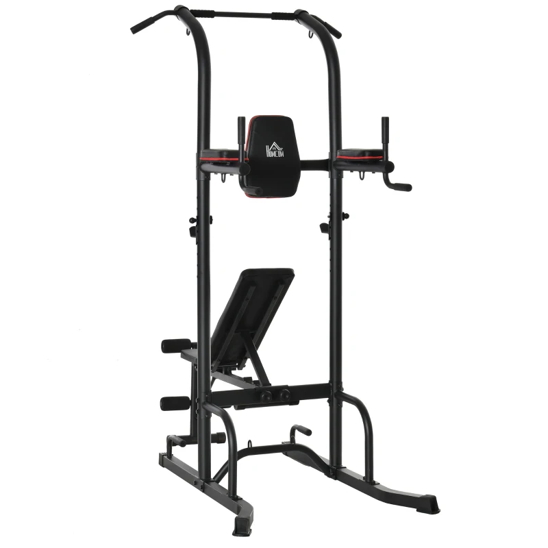 Soozier Multi-Function Training Stand Power Tower Station Gym Workout Equipment with Sit Up Bench, Pull Up Bar, Black