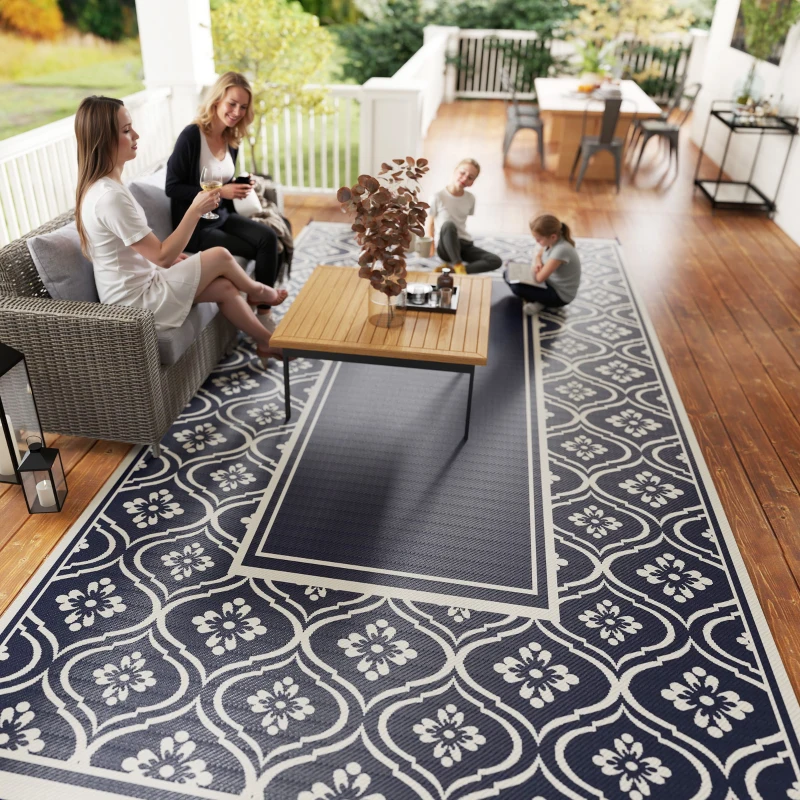 Outsunny 9' x 18' Outdoor RV Rug, Reversible Patio Floor Mat with Carry Bag, Gourd Border, Blue and White