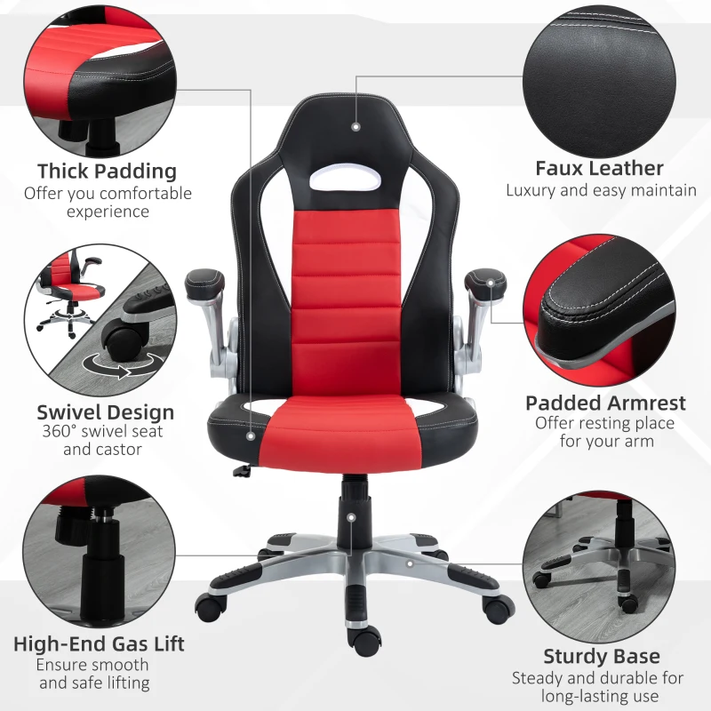HOMCOM Racing Gaming Chair PU Leather Office Chair Executive Computer Desk Chair with Adjustable Height, Flip Up Armrest, Swivel Wheels, Red