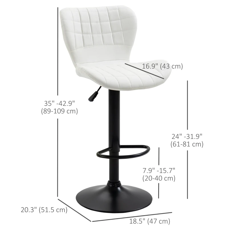 HOMCOM Bar Stools Set of 2 Adjustable Height Swivel Bar Chairs in PU Leather with Backrest & Footrest, White