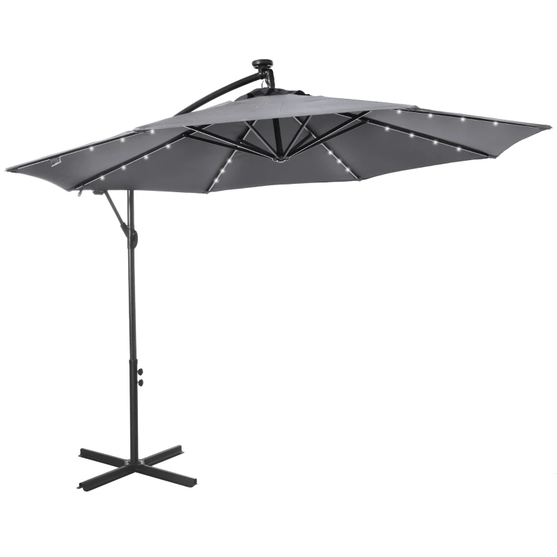 Outsunny 10ft Outdoor Cantilever Umbrella with Solar Lights, Banana Umbrella with Adjustable Angle for Patio, Backyard, Dark Gray
