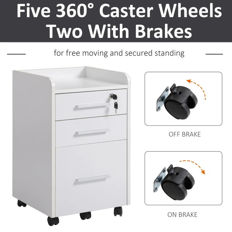 HOMCOM 3 Drawer File Cabinet with Lock and Edged Top, Lockable Filing Cabinet on Wheels for Letter and A4 Size, White