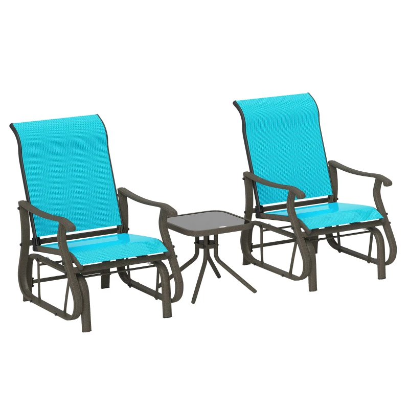 Outsunny 3-Piece Outdoor Gliders Set Bistro Set with Steel Frame, Tempered Glass Top Table for Patio, Garden, Bright Blue(m-11)