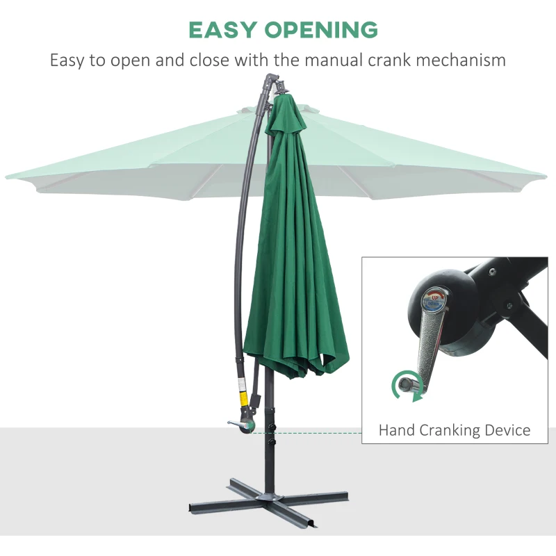 Outsunny 10' Deluxe Patio Umbrella, Outdoor Market Parasol, Banana Hanging Offset Sunshade with Crank, Cross Base, Dark Green