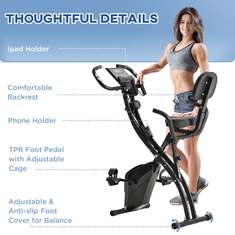 Soozier 3 in 1 Folding Exercise Bike, Foldable Stationary Bike with 8-Level Magnetic Resistance, Adjustable Seat, Black