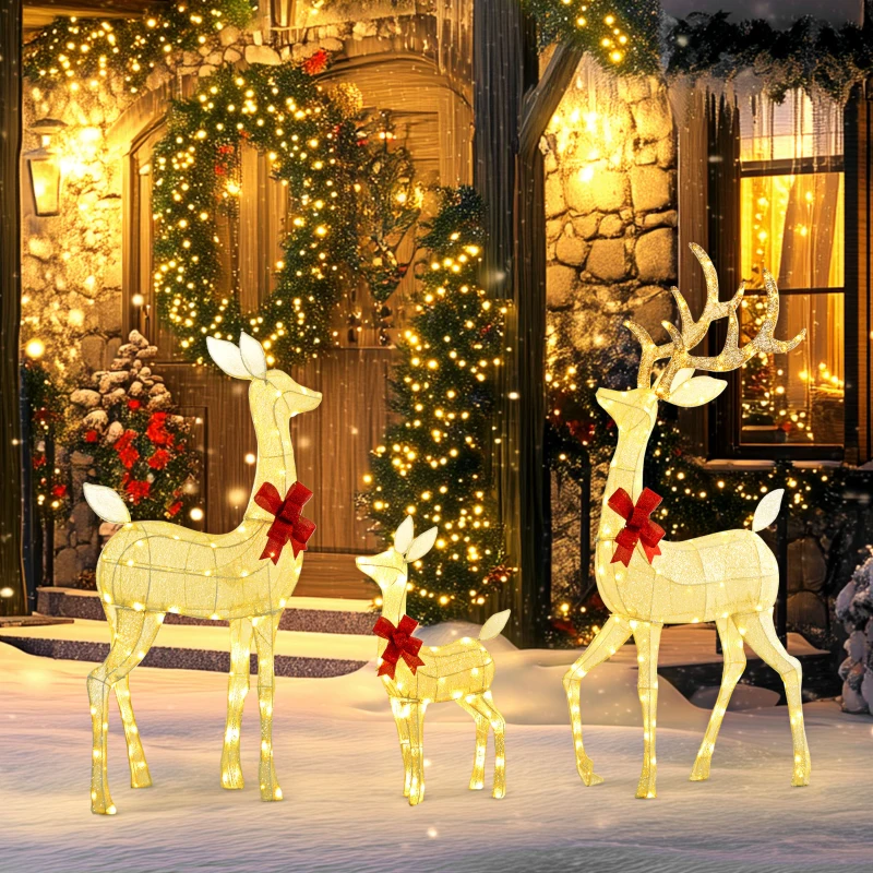 Outsunny Lighted Reindeer Christmas Decorations, 3-Piece Light Up Christmas Deer Family Set with 2 Modes for Outdoor, Silver