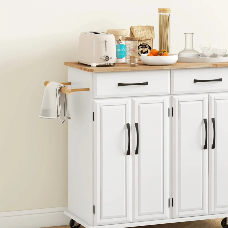 HOMCOM Kitchen Island on Wheels with Rubberwood Top, Rolling Kitchen Cart with 2 Drawers, 4 Doors and Adjustable Shelves