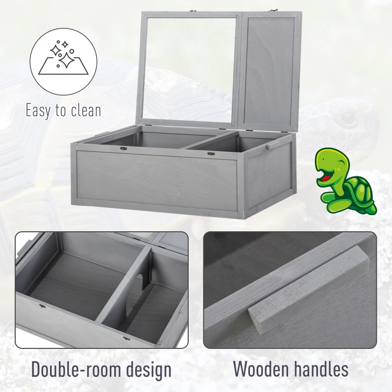 PawHut 37” Wooden Tortoise House Turtle Terrarium/ Small Reptile Enclosure with Two Room Design, Grey