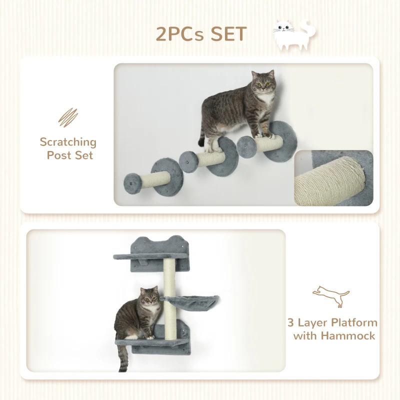 PawHut 4Pcs Cat Wall Shelf with Scratching Posts, Hammock, Steps, Platforms, Cat Shelves for Relaxing, Sleeping, Jumping, Cat Wall Climber for Indoor Cats, Grey