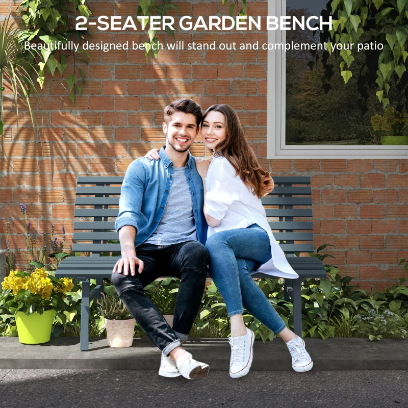 Outsunny Outdoor Bench Patio Bench, Aluminum Lightweight Park Bench with Slatted Seat for Lawn, Park, Deck, Blue