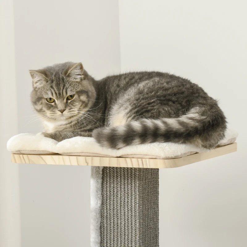 PawHut 49" Cat Tree Kitty Activity Center Wooden Cat Climbing Toy Pet Furniture with Cat Condo Cat Roller Ladder Cushions Sisal Scratching Post Pad, Natural