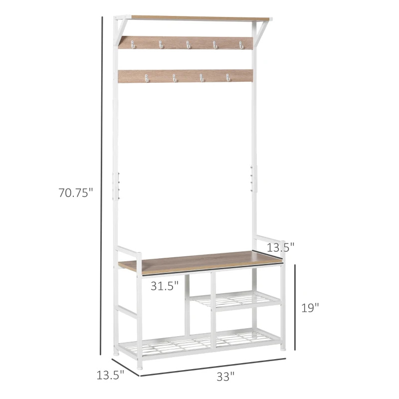 HOMCOM 3-in-1Hall Tree Entryway Coat Rack Shoe Bench with 9 Hanging Hooks, 3-Tier Storage Shelves, Multifunctional Hallway Organizer Natural/White