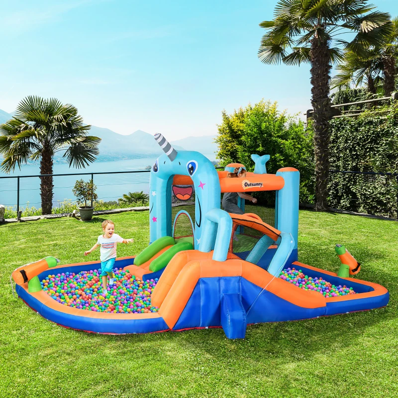 Outsunny 13.8 x 12FT Large Inflatable Water Slide Bouncy Castle, Narwhals Style Kids Bounce House with 450W Blower, Slide, Trampoline, Pool, Water Cannons, Climbing Wall, Carry Bag