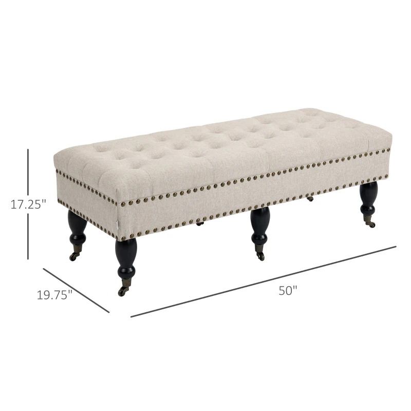 HOMCOM Mobile End of Bed Bench, Upholstered Bedroom Entryway Bench with Button-Tufted, Accent Ottoman with Nailhead Trim and Wheels, Beige