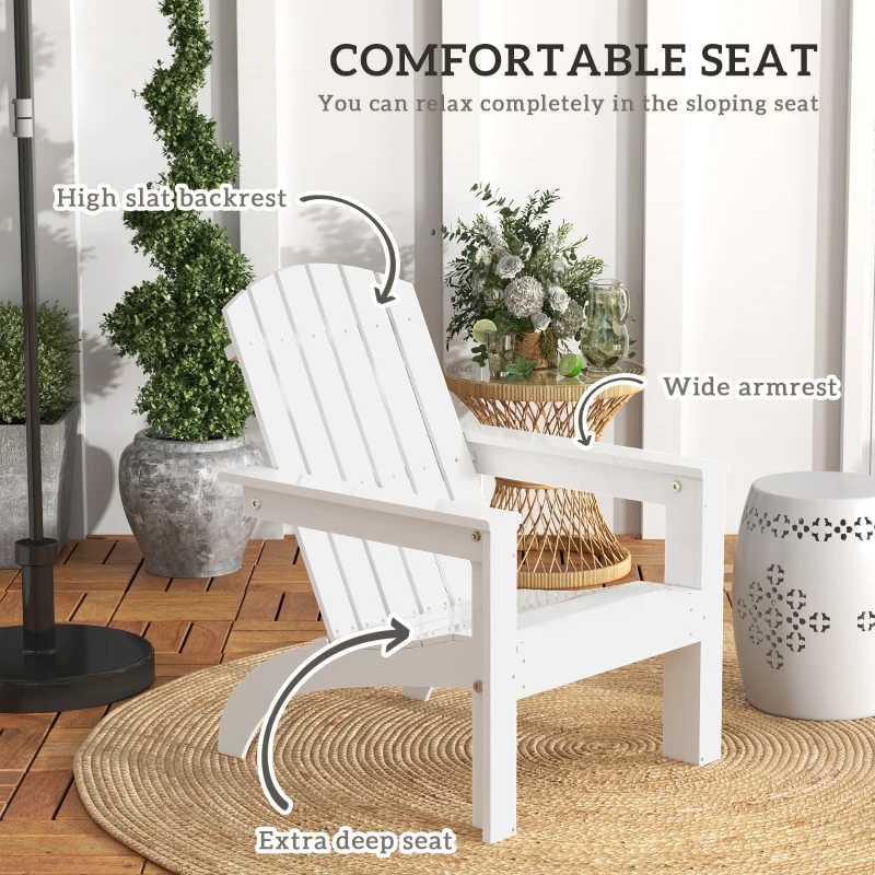 Outsunny Adirondack Chair Patio Muskoka Chair, Outdoor Poplar Wood Fire Pit Chair, Pre-Assembled Backrest Chaise Adirondack with High-back, Large Seat, for Deck, Garden, White