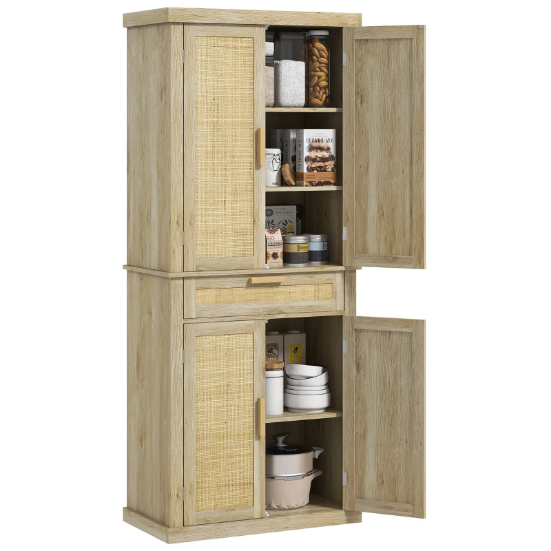 HOMCOM 72" Kitchen Storage Cabinet, Rattan Kitchen Pantry Cabinet with 4 Doors, Drawer, 5-Tier Shelf, Adjustable Shelves, Oak