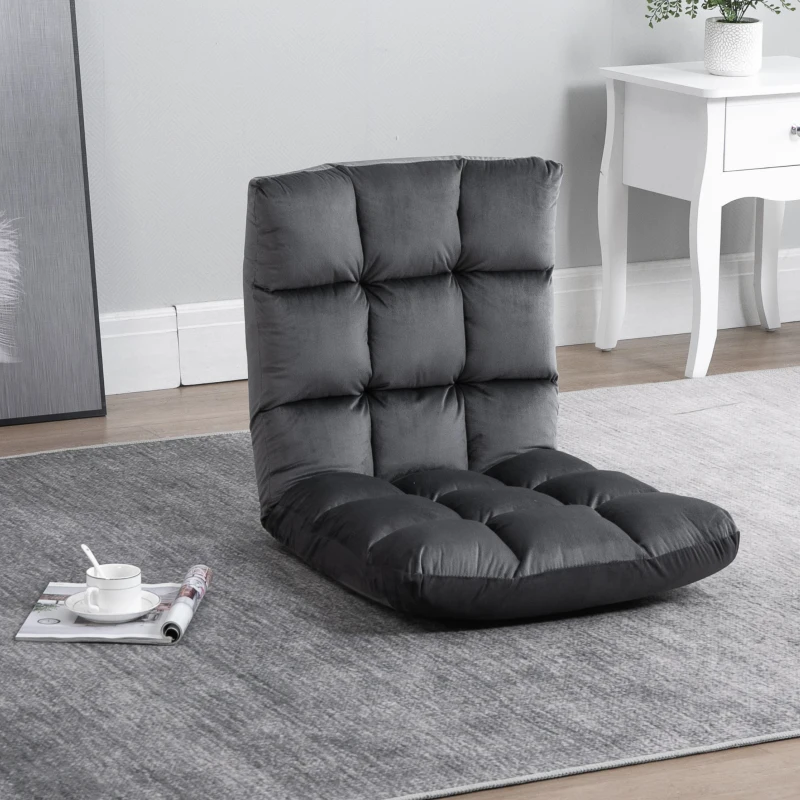 HOMCOM 13-Position Floor Folding Gaming Lazy Floor Sofa Chair Lounge Adjustable Sleeper Bed Couch Recliner, Dark Grey
