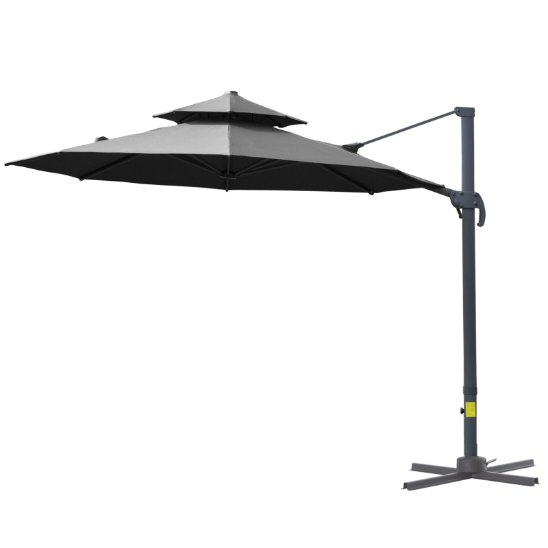 Outsunny 11ft Cantilever Patio Umbrella with Base, Double Top Hanging Aluminum Offset Umbrella with 360° Rotation, Easy Tilt, 8 Ribs, Crank, Cross Base for Backyard, Dark Gray
