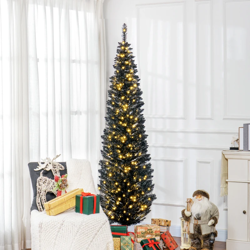 HOMCOM 7ft Pencil Christmas Tree, Slim Artificial Christmas Tree with Realistic Branches and Warm White LED Lights, Black
