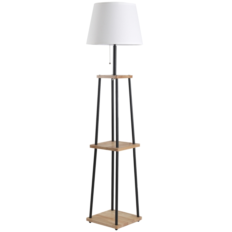 HOMCOM Modern Free Standing Tall Floor Lamp with Linen Style Fabric Shade & 3-Tier Rubberwood Display Shelving
