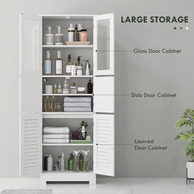 HOMCOM Freestanding Bathroom Cabinet with Glass/Louvred Doors, Tall Bathroom Storage Cabinet with Adjustable Shelf, White