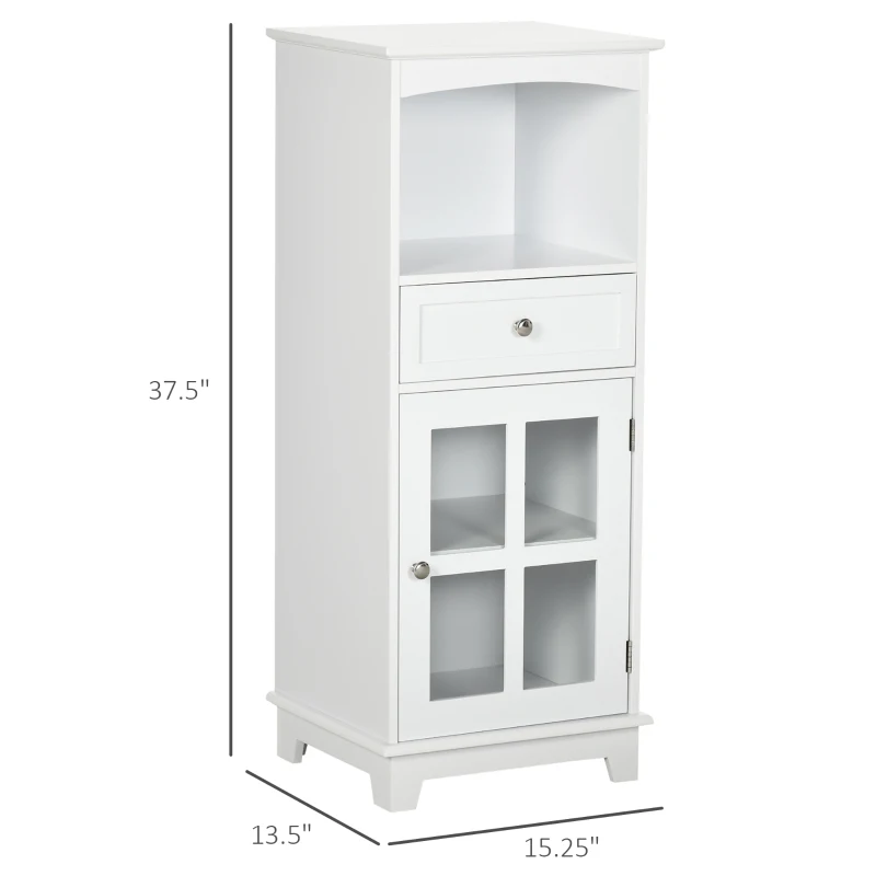 kleankin Bathroom Floor Cabinet with Drawer, Glass Door Side Cabinet, Multifunctional Corner Unit with Adjustable Shelf for Home Office, Living Room, White