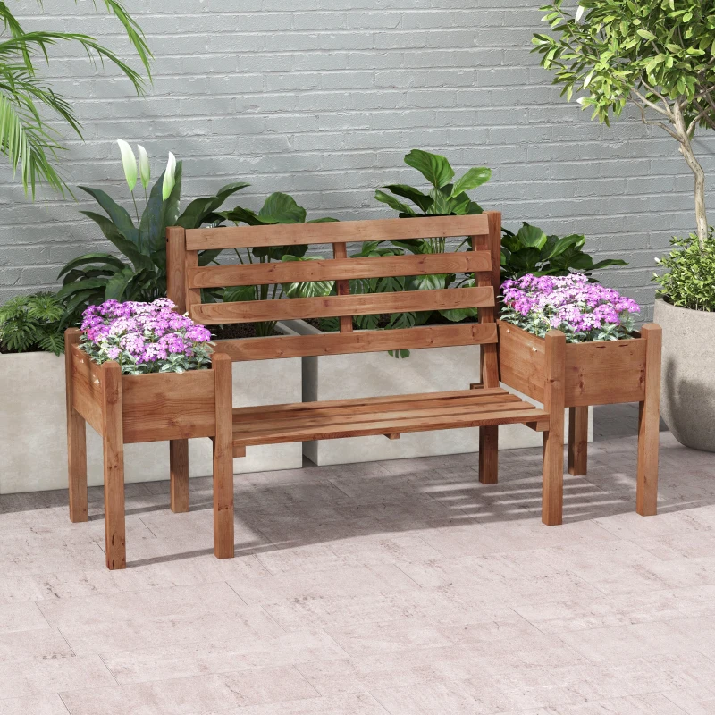 Outsunny Wood Outdoor Bench with Planter Boxes 2-Seater Garden Bench with Slat Seat and Back Dark Brown