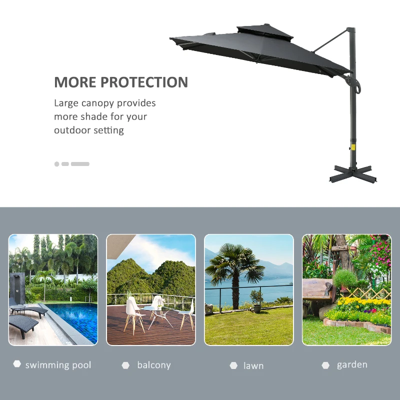 Outsunny 10ft Offset Patio Umbrella, Hanging Cantilever Umbrella, Square Shape, Aluminum Cross Base, Tilt, 360-Degree Rotation, Gray