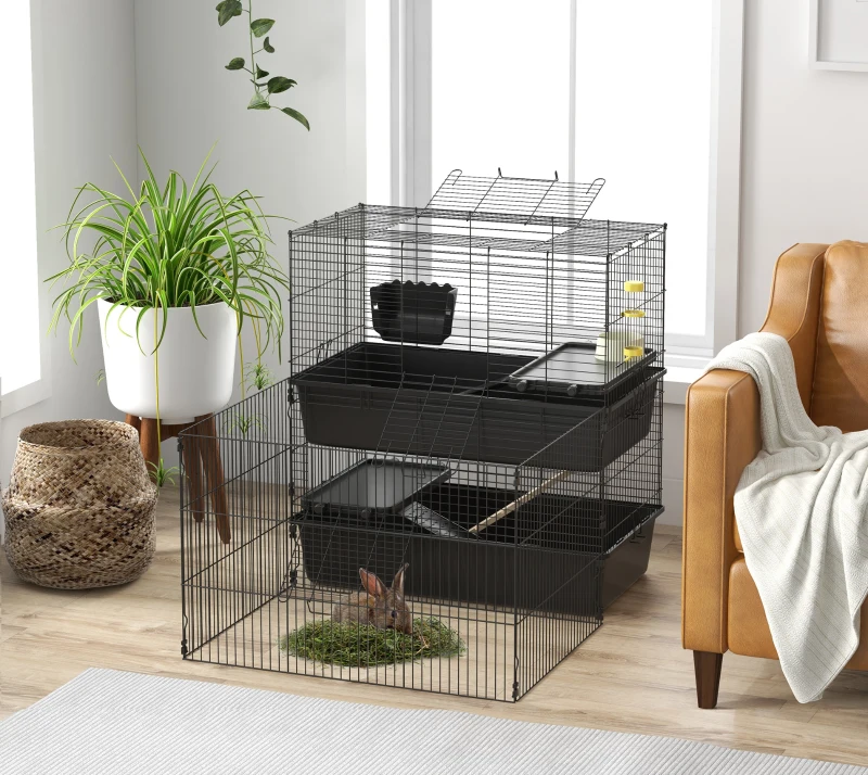 PawHut Small Animal Cage with Playpen, Multi-level Pet Habitat Indoor for Guinea Pigs Hedgehogs Bunnies with Accessories, Water Bottle, Food Dish, Feeding Trough