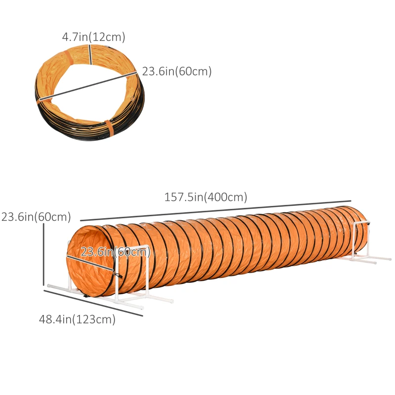 PawHut Dog Tunnel, 13 Foot Long, 24" Open Pet Agility Equipment with 2 Support Brackets, Carrying Bag, Orange