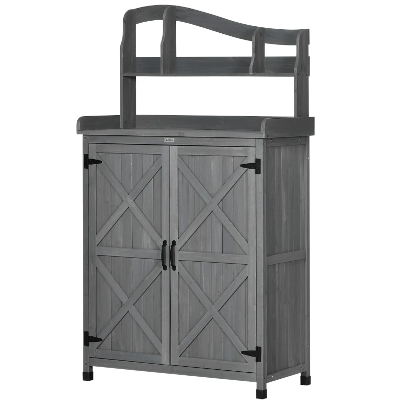 Outsunny Outdoor Storage Cabinet & Potting Table, Wooden Gardening Bench with Patio Cabinet and Magnetic Doors, Grey