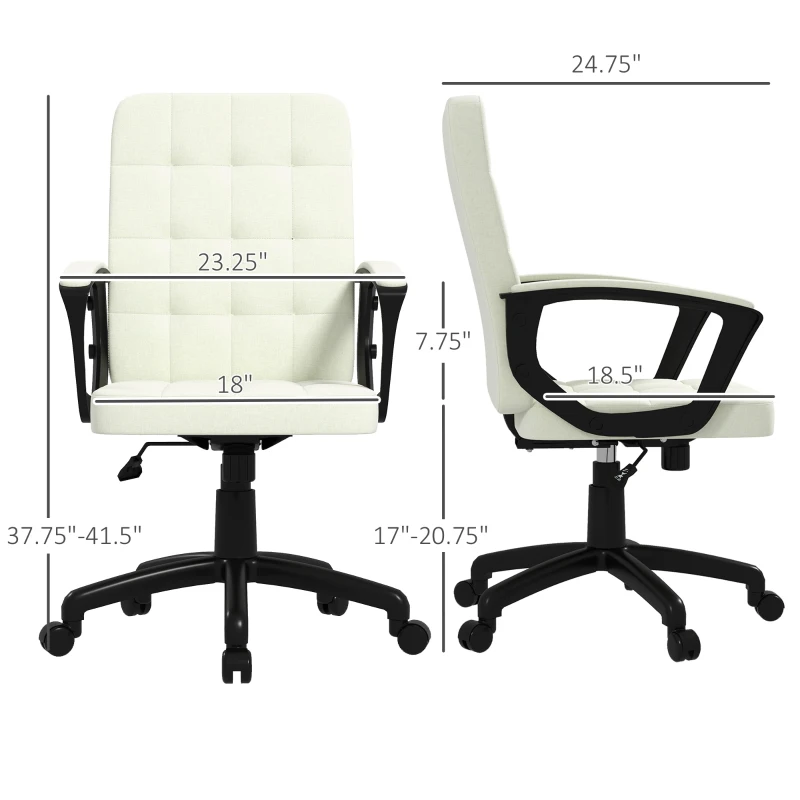 Vinsetto Mid Back Office Chair, Computer Chair for Desk, with Adjustable Height, Swivel Wheels, Arms, Cream White
